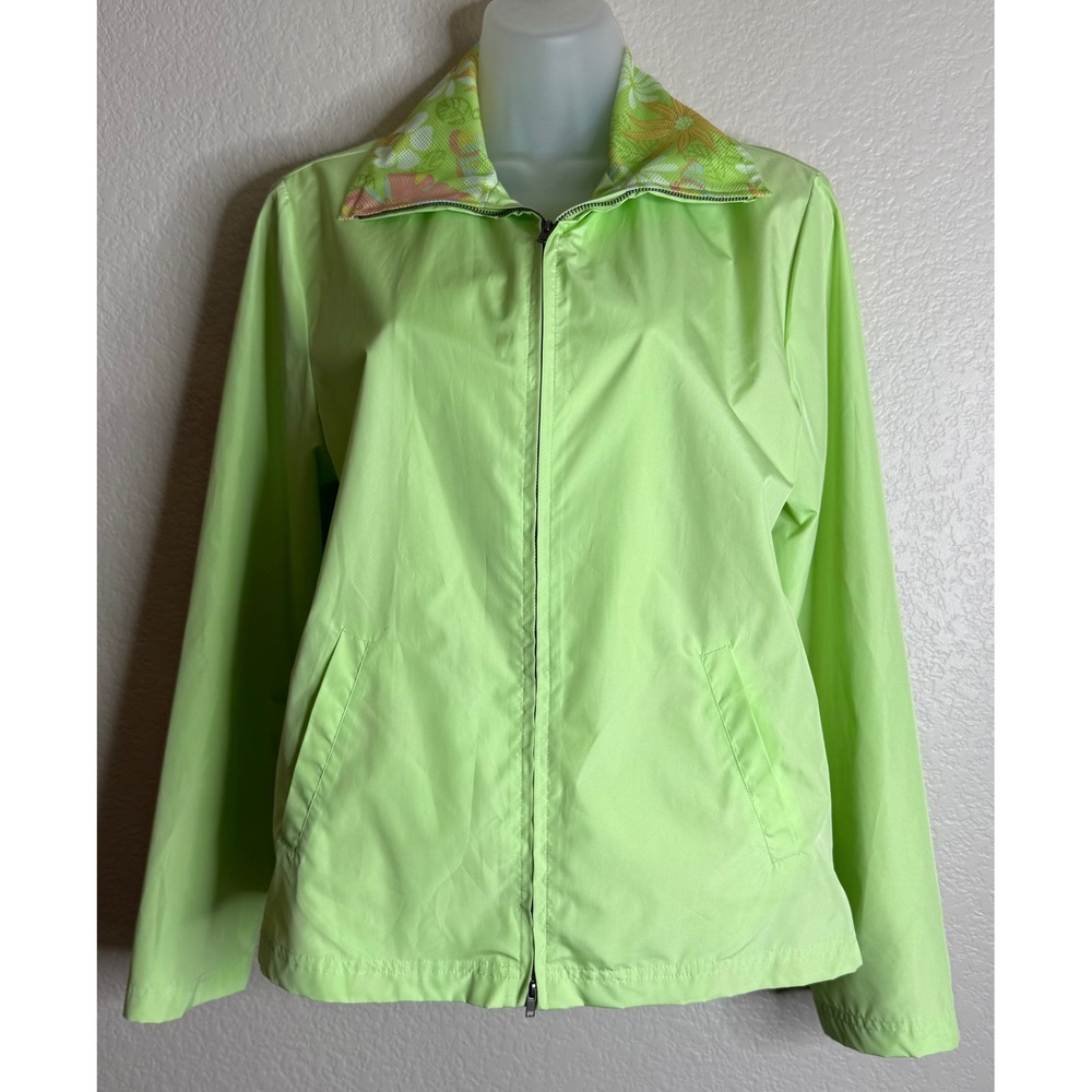 Sag Harbor Womens Small Windbreaker Jacket Lime Green Floral Collar Zip Up Sport